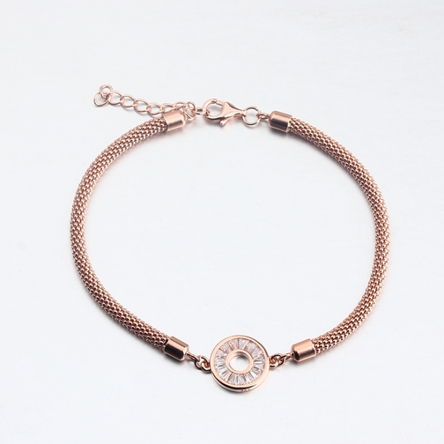 925 Sterling Silver Popcorn Chain CZ Round Connetor Bracelet