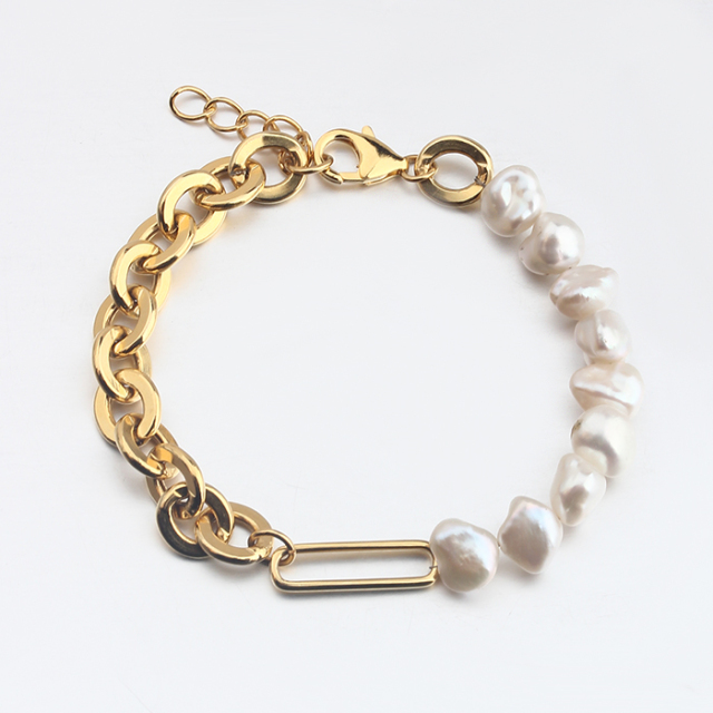 925 Sterling Silver Baroque Pearl Heavy Chain Bracelet