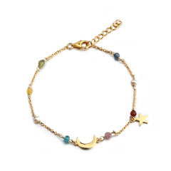 925 Sterling Silver Colorful Gemstone Pearl Shiny Moon Star Charm Bracelet