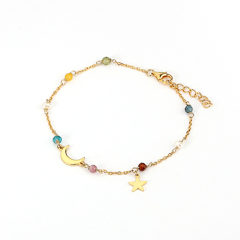 925 Sterling Silver Colorful Gemstone Pearl Shiny Moon Star Charm Bracelet