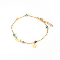 925 Sterling Silver Colorful Gemstone Pearl Shiny Moon Star Charm Bracelet