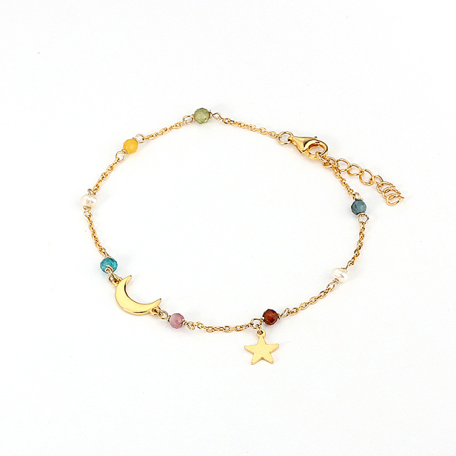 925 Sterling Silver Colorful Gemstone Pearl Shiny Moon Star Charm Bracelet