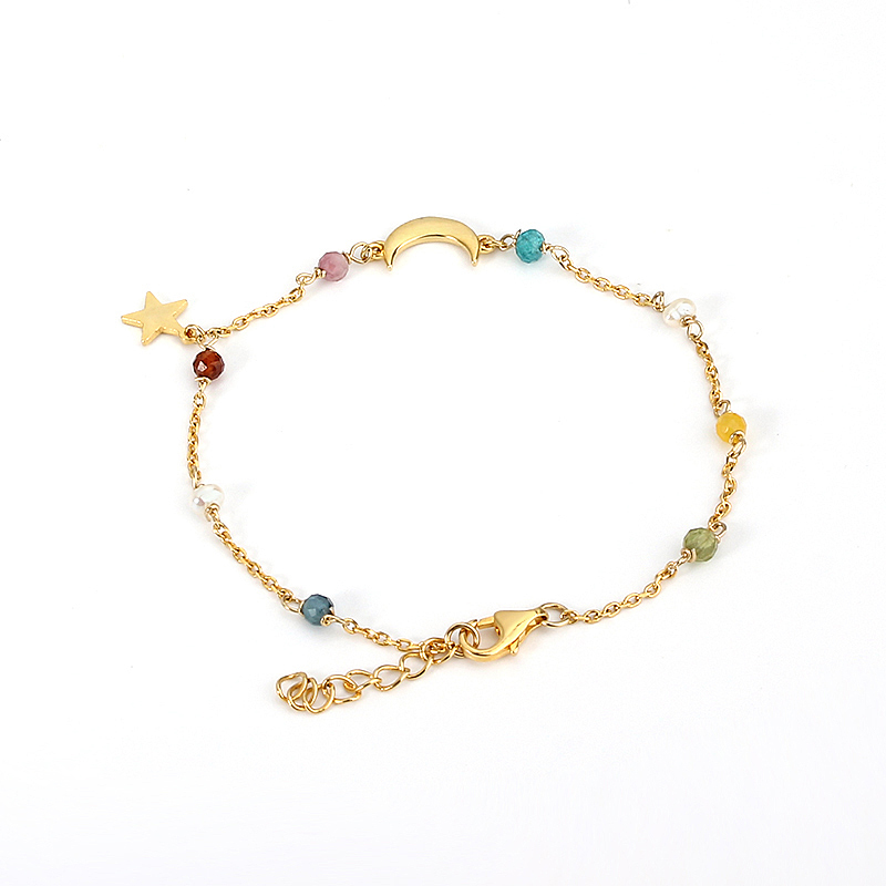 925 Sterling Silver Colorful Gemstone Pearl Shiny Moon Star Charm Bracelet