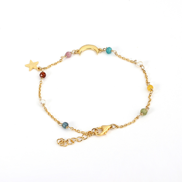 925 Sterling Silver Colorful Gemstone Pearl Shiny Moon Star Charm Bracelet