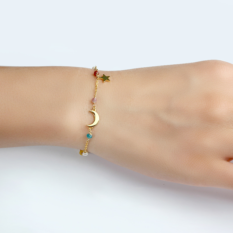 925 Sterling Silver Colorful Gemstone Pearl Shiny Moon Star Charm Bracelet