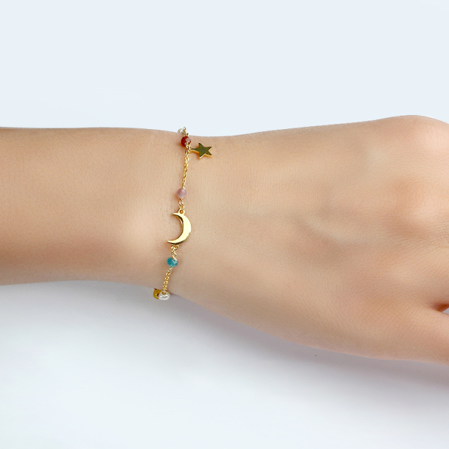 925 Sterling Silver Colorful Gemstone Pearl Shiny Moon Star Charm Bracelet