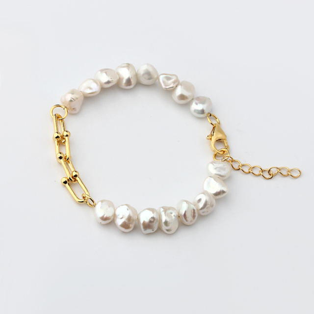 925 Sterling Silver Hardwear Link Baroque Pearl Bracelet