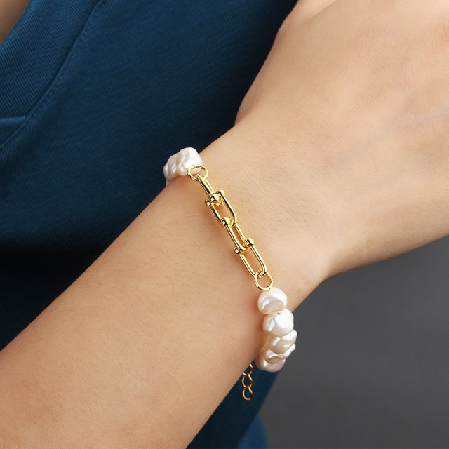 925 Sterling Silver Hardwear Link Baroque Pearl Bracelet