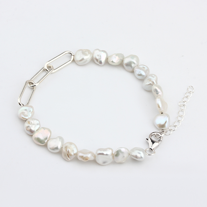 925 Sterling Silver Paperclip Baroque Pearl Bracelet