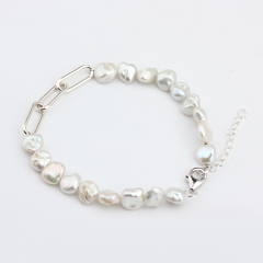 925 Sterling Silver Paperclip Baroque Pearl Bracelet