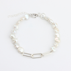 925 Sterling Silver Paperclip Baroque Pearl Bracelet