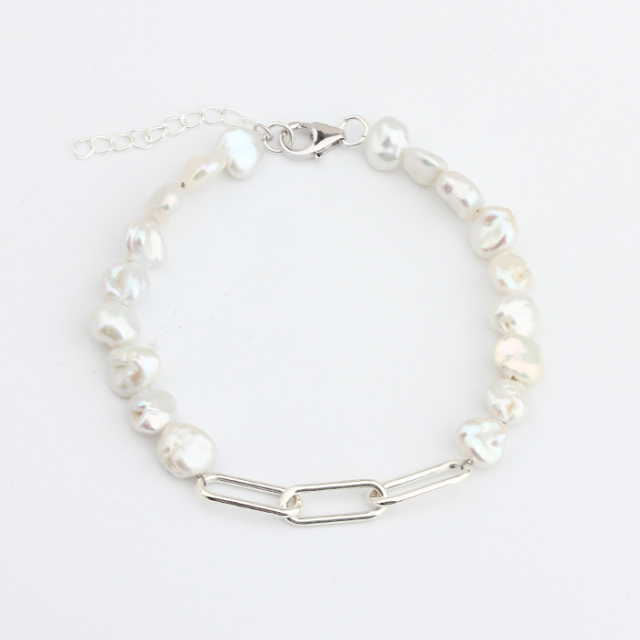 925 Sterling Silver Paperclip Baroque Pearl Bracelet