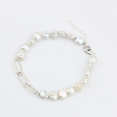 925 Sterling Silver Paperclip Baroque Pearl Bracelet
