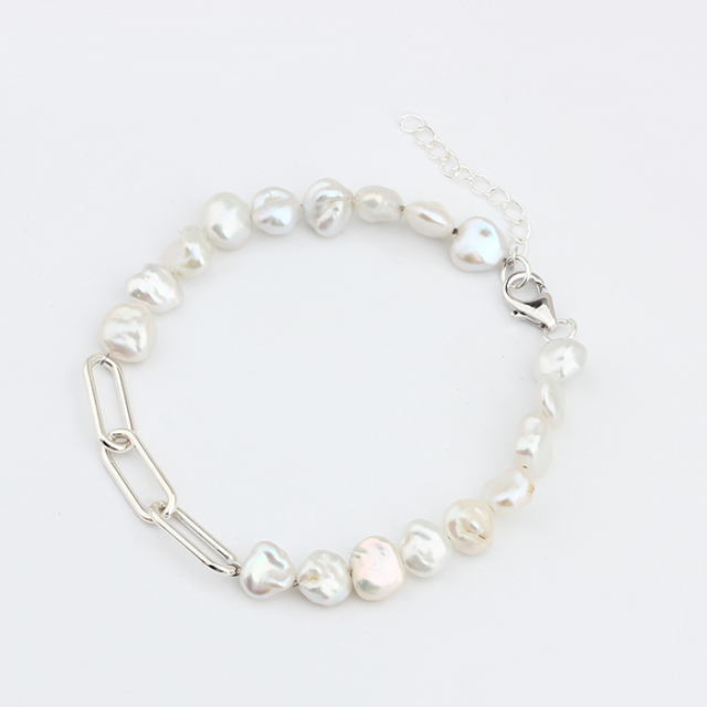 925 Sterling Silver Paperclip Baroque Pearl Bracelet