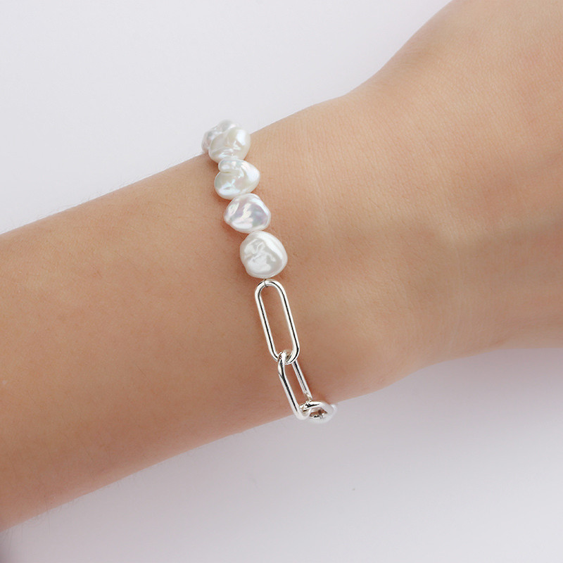 925 Sterling Silver Paperclip Baroque Pearl Bracelet