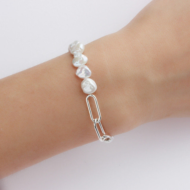 925 Sterling Silver Paperclip Baroque Pearl Bracelet