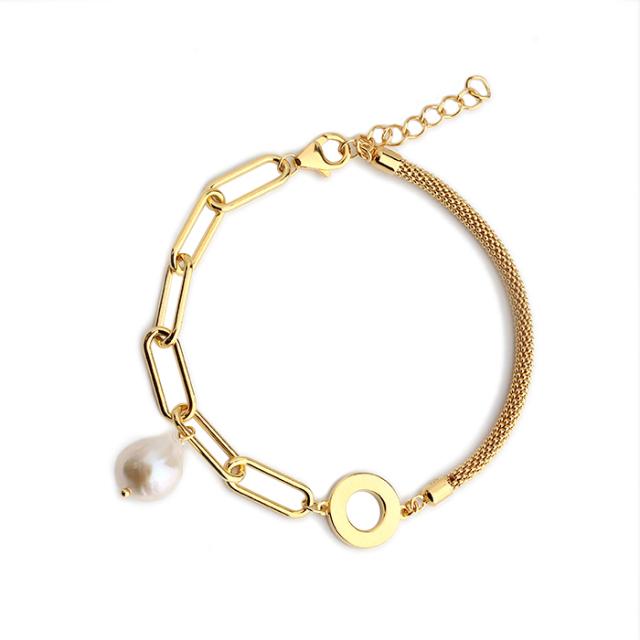 925 Sterling Silver Broque Pearl Paperclip Chain Bracelet