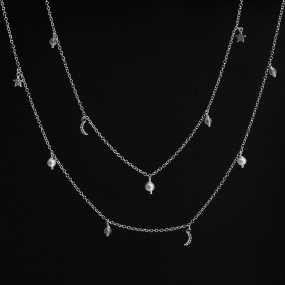 925 Sterling Silver Cubic Zirconia Star And Moon Chain Necklace