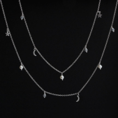 925 Sterling Silver Cubic Zirconia Star And Moon Chain Necklace