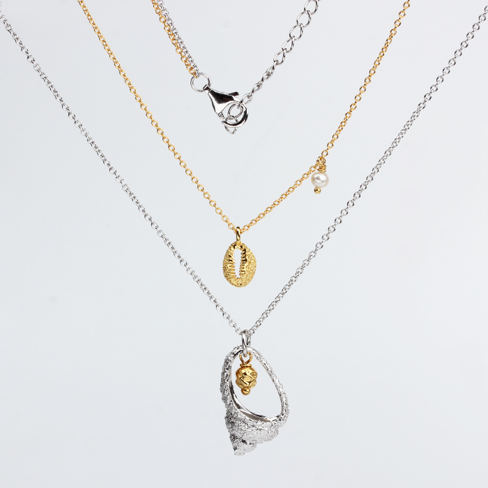 925 Sterling Silver Pearl Shell And Sea Snail Two-Layer Necklace