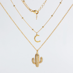 925 Sterling Silver Cubic Zirconia Cactus Two-Layer Chain Necklace