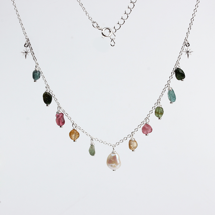 925 Sterling Silver Pearl And Tourmaline North Star Necklace For Women