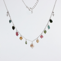 925 Sterling Silver Pearl And Tourmaline North Star Necklace For Women