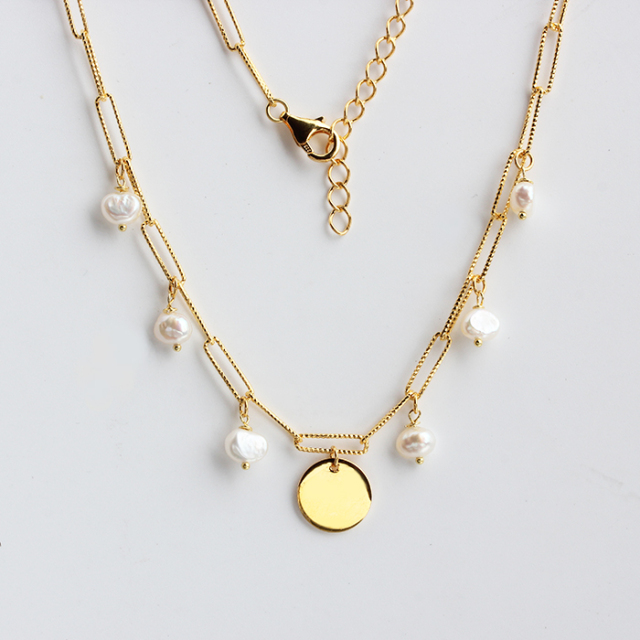 925 Sterling Silver Baroque Pearl Shiny Tag Necklace For Women