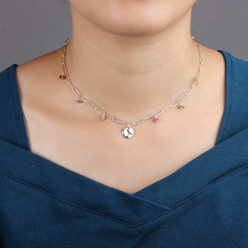 925 Sterling Silver Disc Tourmaline Necklace For Women