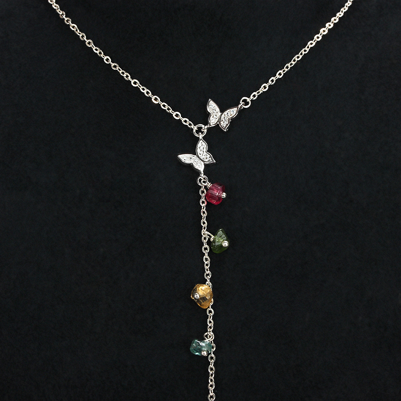 925 Sterling Silver Tourmaline Charm Butterfly Necklace