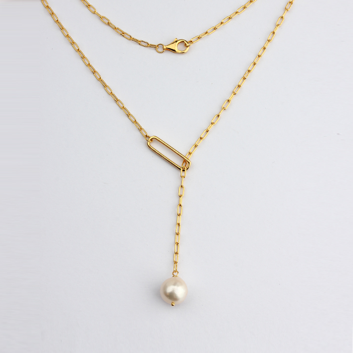 925 Sterling Silver Modern Stylish Long Link Chain Pearl Necklace
