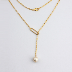925 Sterling Silver Modern Stylish Long Link Chain Pearl Necklace