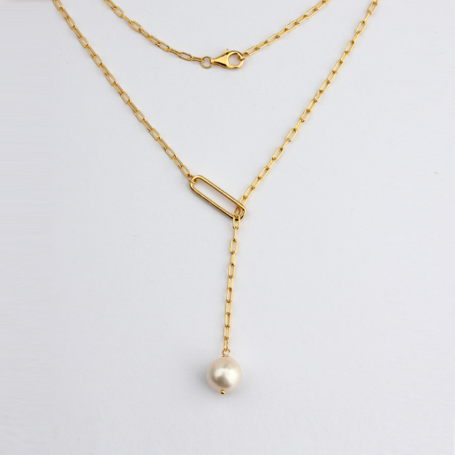 925 Sterling Silver Modern Stylish Long Link Chain Pearl Necklace