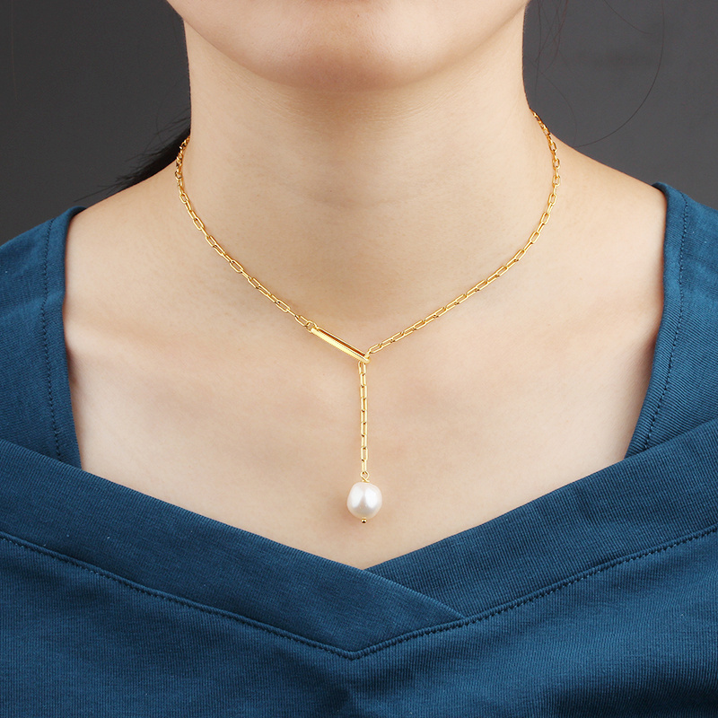 925 Sterling Silver Modern Stylish Long Link Chain Pearl Necklace