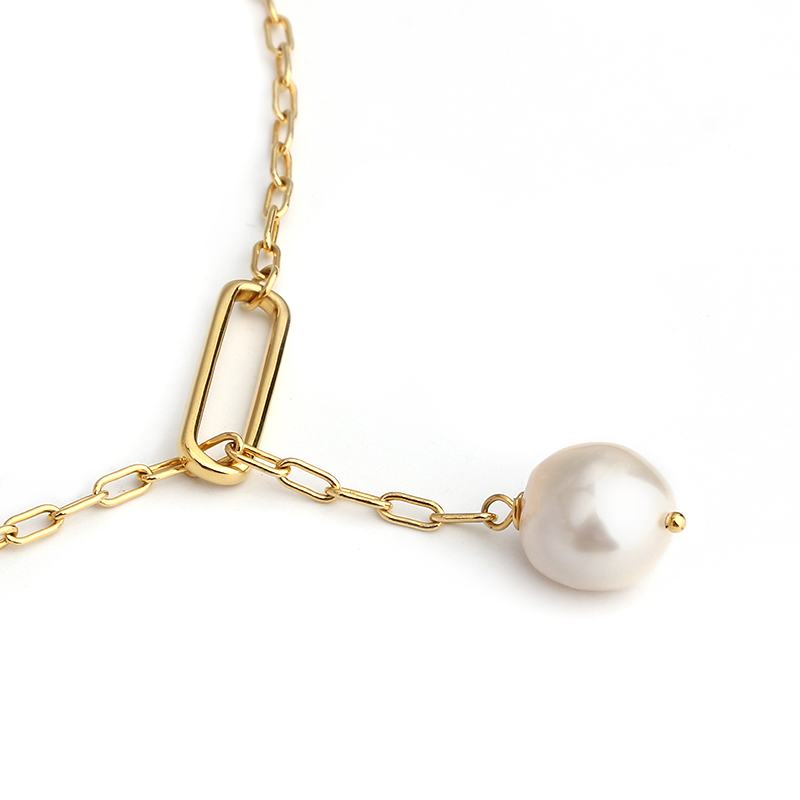 925 Sterling Silver Modern Stylish Long Link Chain Pearl Necklace
