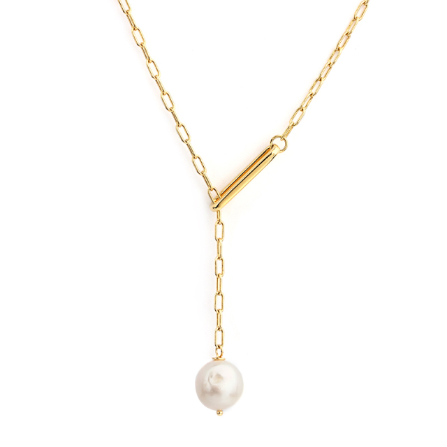 925 Sterling Silver Modern Stylish Long Link Chain Pearl Necklace