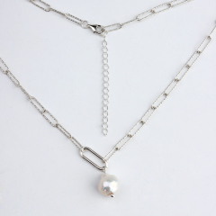 925 Sterling Silver Long Link Chain Baroque Peal Necklace