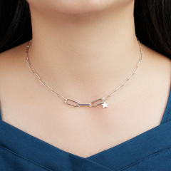 925 Sterling Silver Long Link Cut Chain Star Charm Necklace