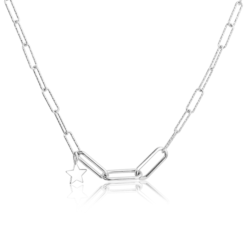 925 Sterling Silver Long Link Cut Chain Star Charm Necklace