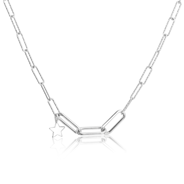 925 Sterling Silver Long Link Cut Chain Star Charm Necklace