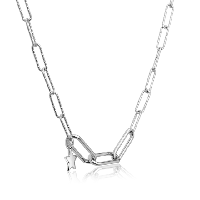 925 Sterling Silver Long Link Cut Chain Star Charm Necklace