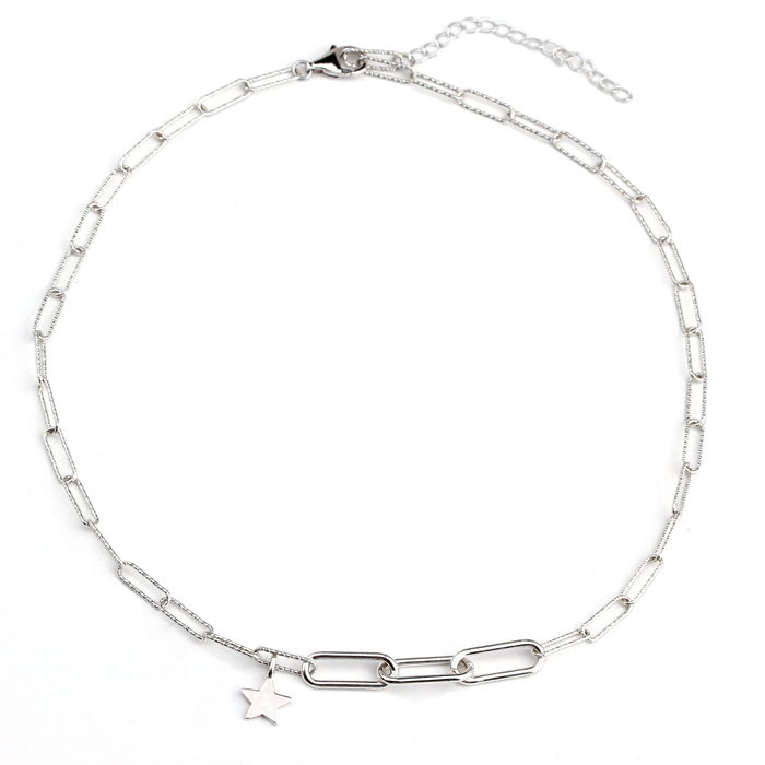 925 Sterling Silver Long Link Cut Chain Star Charm Necklace