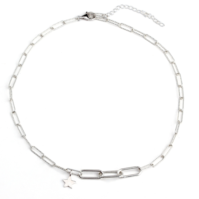 925 Sterling Silver Long Link Cut Chain Star Charm Necklace