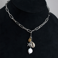 925 Sterling Silver Multielement Shell Starfish Charm Necklace