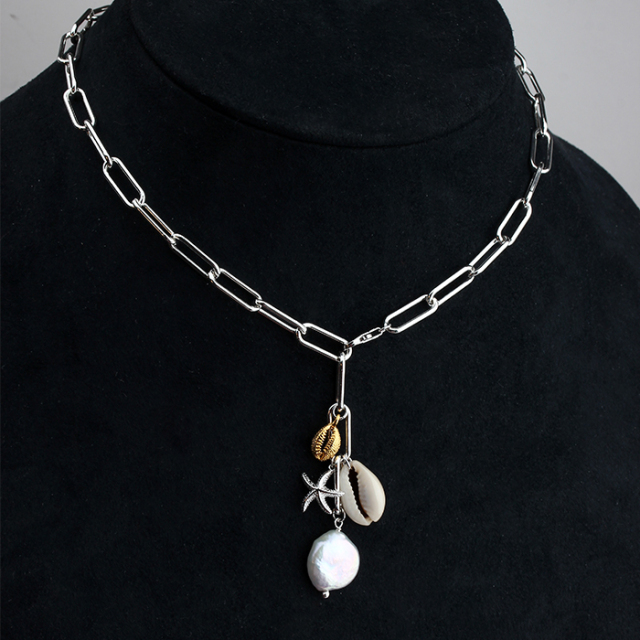 925 Sterling Silver Multielement Shell Starfish Charm Necklace