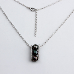 925 Sterling Silver Black Pearl Hammered Pendant Girls Necklace