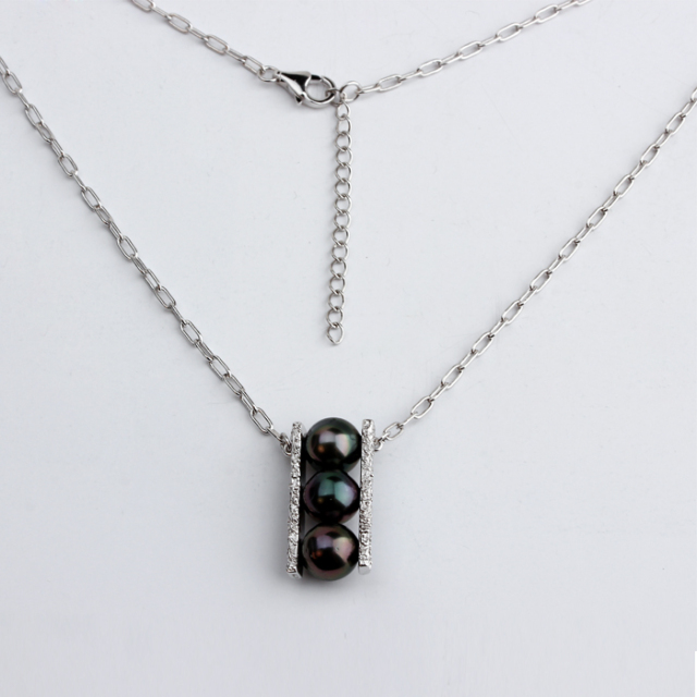 925 Sterling Silver Black Pearl Hammered Pendant Girls Necklace