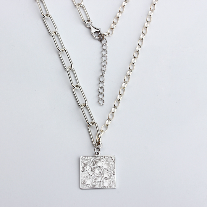 925 Sterling Silver Hammered Suqare Charm Necklace