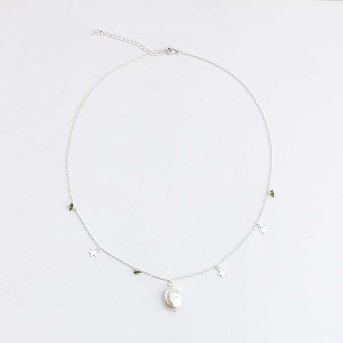 925 Sterling Silver Baroque Pearl Gemstone And Shiny Star Charm Necklace