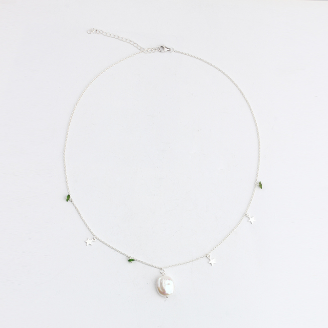 925 Sterling Silver Baroque Pearl Gemstone And Shiny Star Charm Necklace